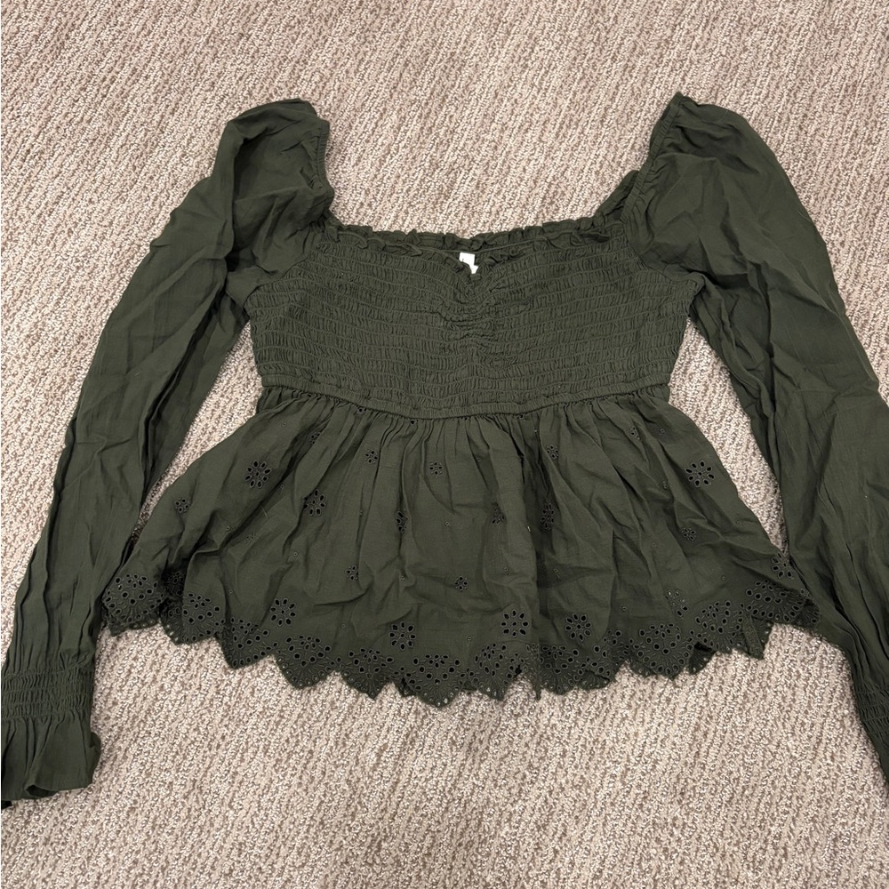 American Eagle Outfitters Dark Green Smocked Peplum Blouse